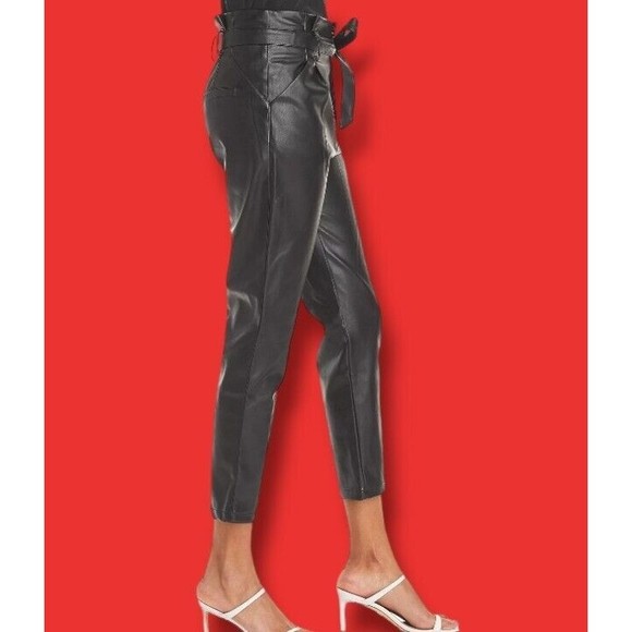 Lucy Paris Belted Paper Bag Waist Black Faux Leather High Rise Womens Sz L Pant - Picture 4 of 16